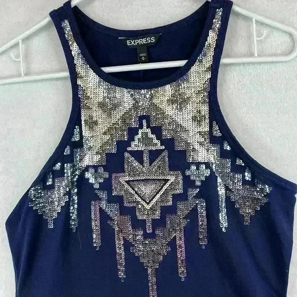 Express Dress Navy Women’s Size M Knit Dress with Aztec Sequin Embellishment - Picture 2 of 9